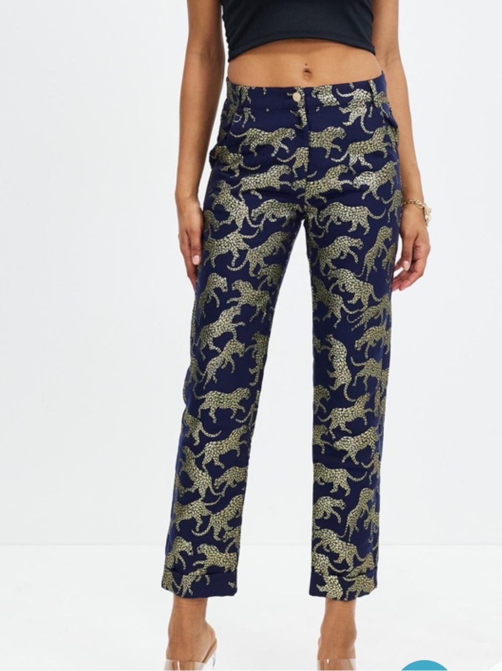 Lenni Wildcat Navy Gold Metallic Leopard Glittery Jacquard Cropped Pants Sz M